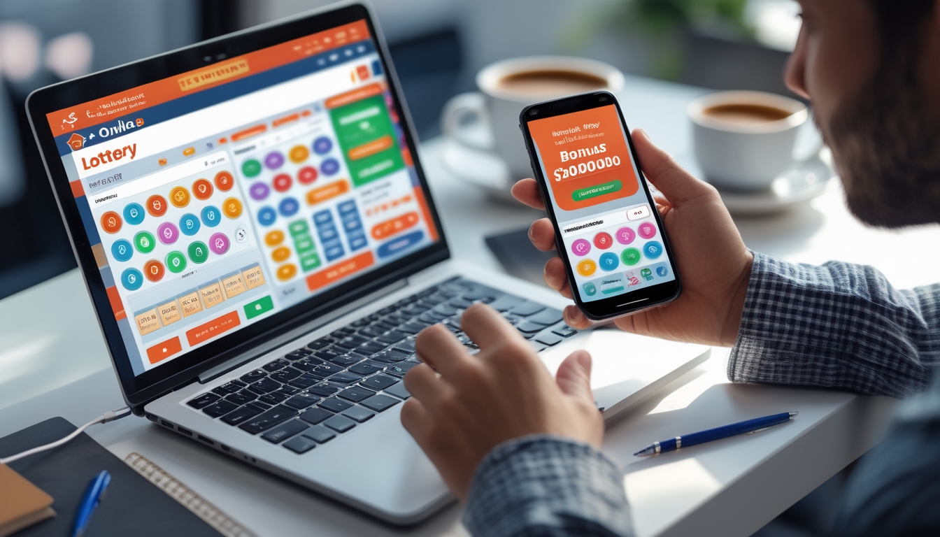 Seseorang menggunakan laptop dan ponsel untuk bermain togel online di meja kerja dengan suasana nyaman.