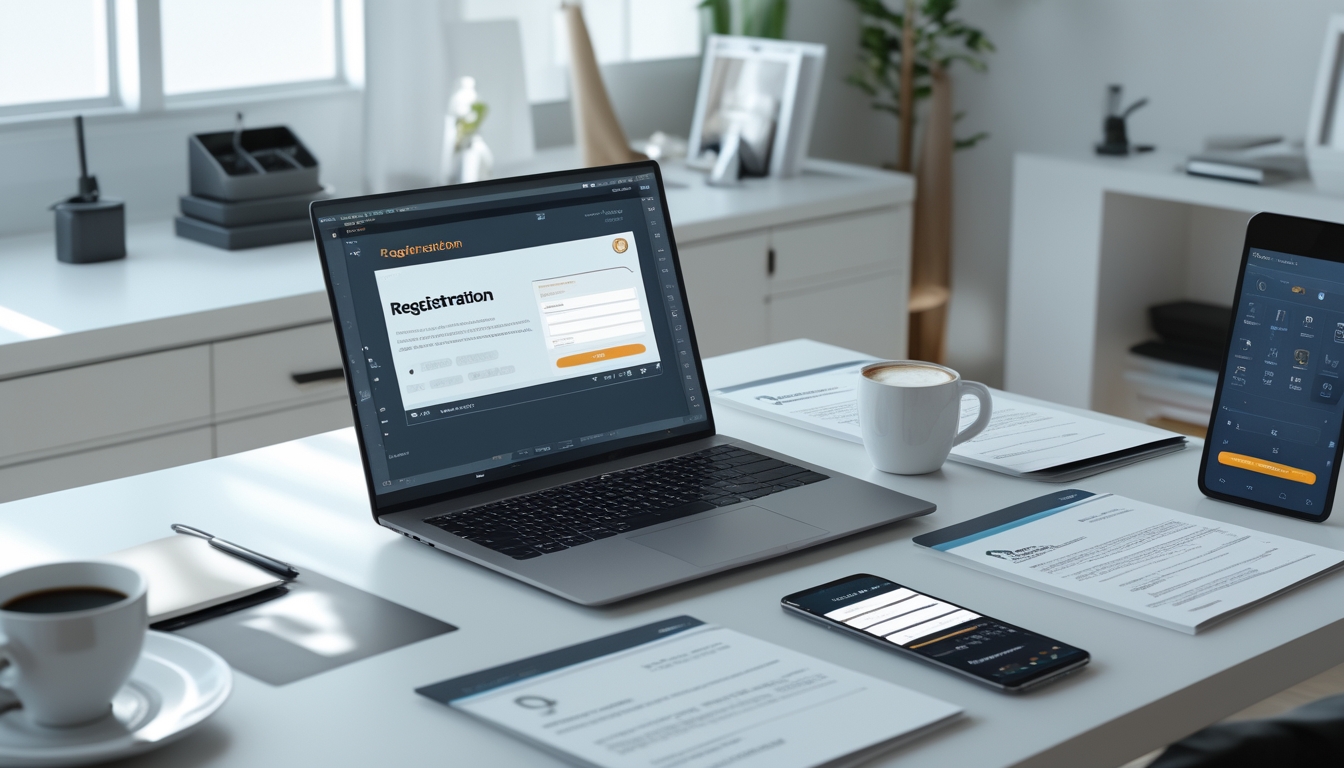 Meja kerja modern dengan laptop, dokumen, kopi, dan ponsel yang siap untuk pendaftaran dan bermain online.