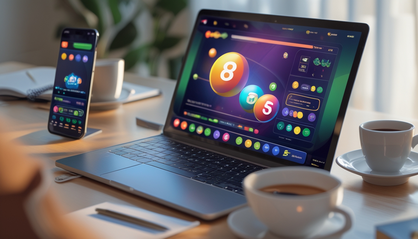 Seorang pengguna duduk di depan laptop dengan tampilan situs togel online di layar, dikelilingi oleh ponsel, cangkir kopi, dan buku catatan di meja kerja.
