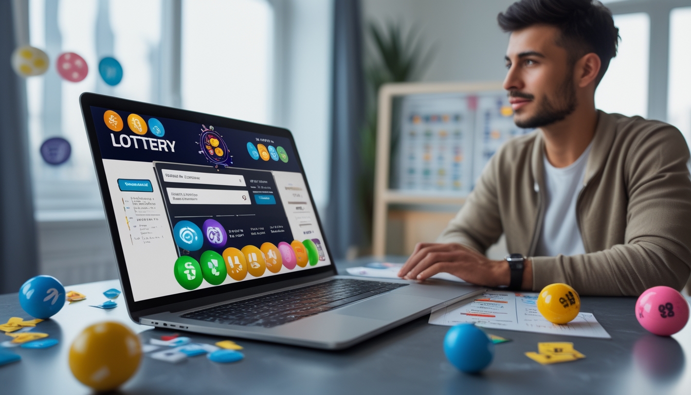 Orang muda sedang menggunakan laptop dengan bola togel dan grafik di meja di ruangan yang terang.