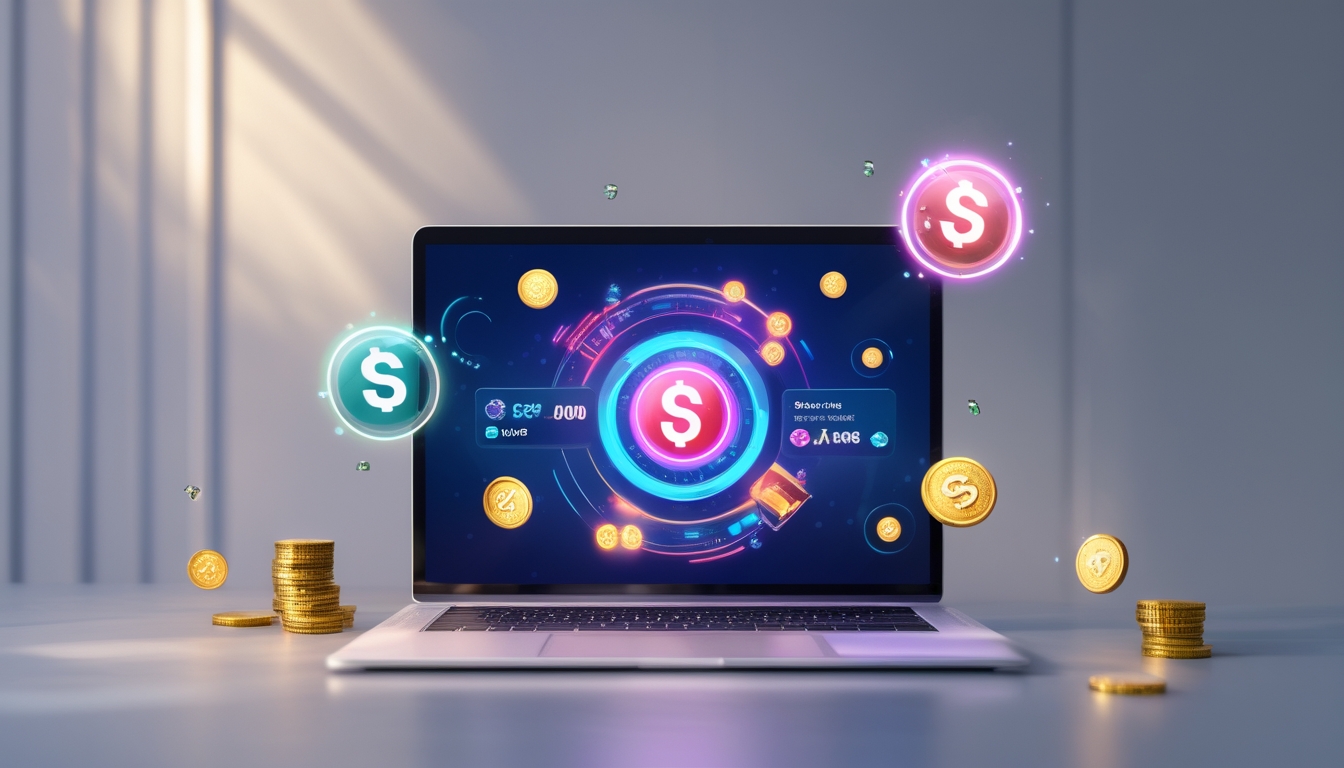 Sebuah laptop dengan layar menampilkan antarmuka permainan lotere online dengan koin dan simbol promosi di sekitarnya.
