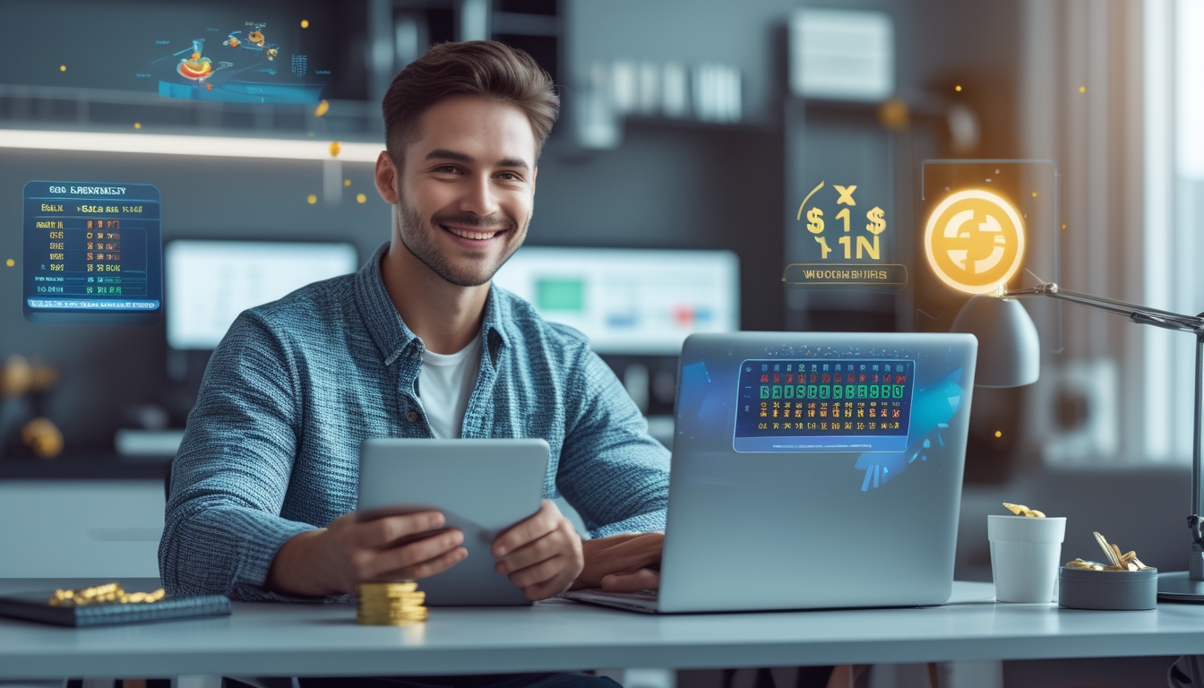 Seorang dewasa muda duduk di meja kerja dengan laptop dan ponsel yang menampilkan angka togel dan grafik, tersenyum puas di ruang kerja rumah yang rapi dan terang.