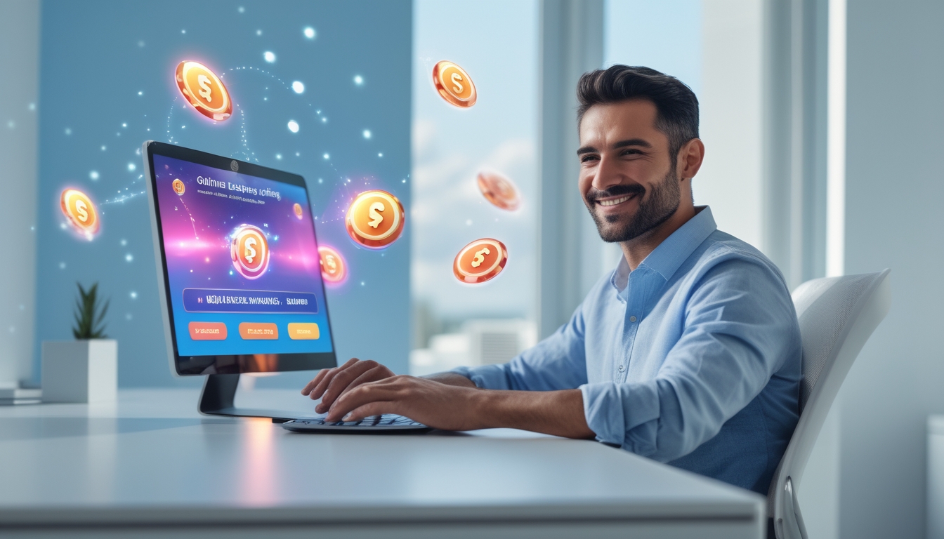 Seorang pria duduk di meja dengan laptop, tersenyum dan terlihat santai saat menggunakan platform togel online di ruang kerja yang terang dan rapi.