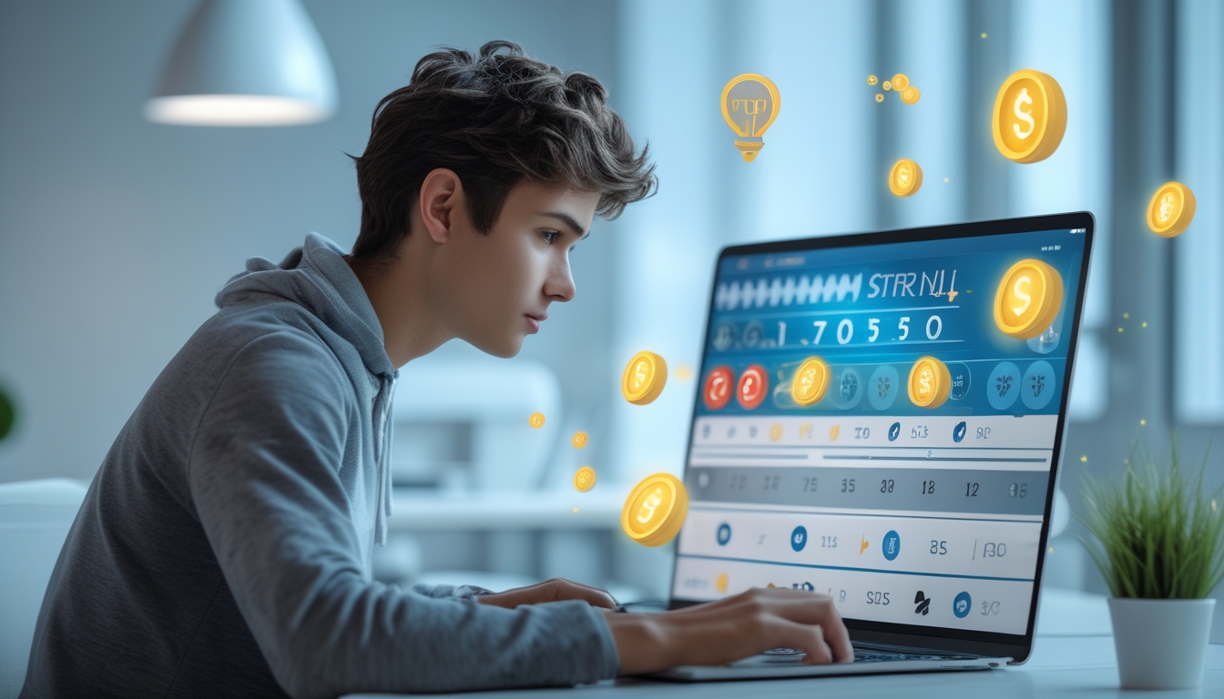 Seorang dewasa muda duduk di meja dengan laptop, fokus pada layar yang menampilkan antarmuka lotre digital dan grafik, di ruang kantor yang terang.