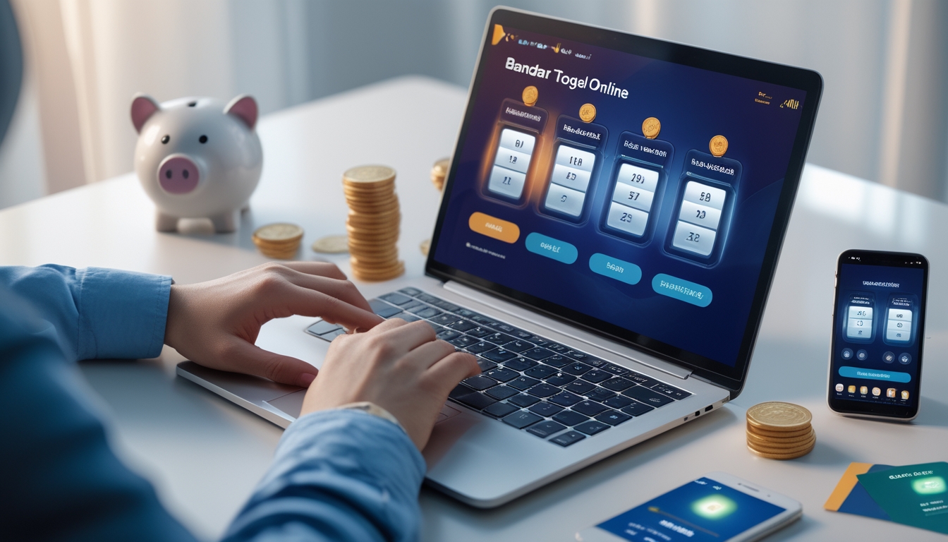 Seorang pengguna sedang menggunakan laptop dan ponsel untuk bermain togel online dengan suasana meja kerja yang rapi dan pencahayaan lembut.