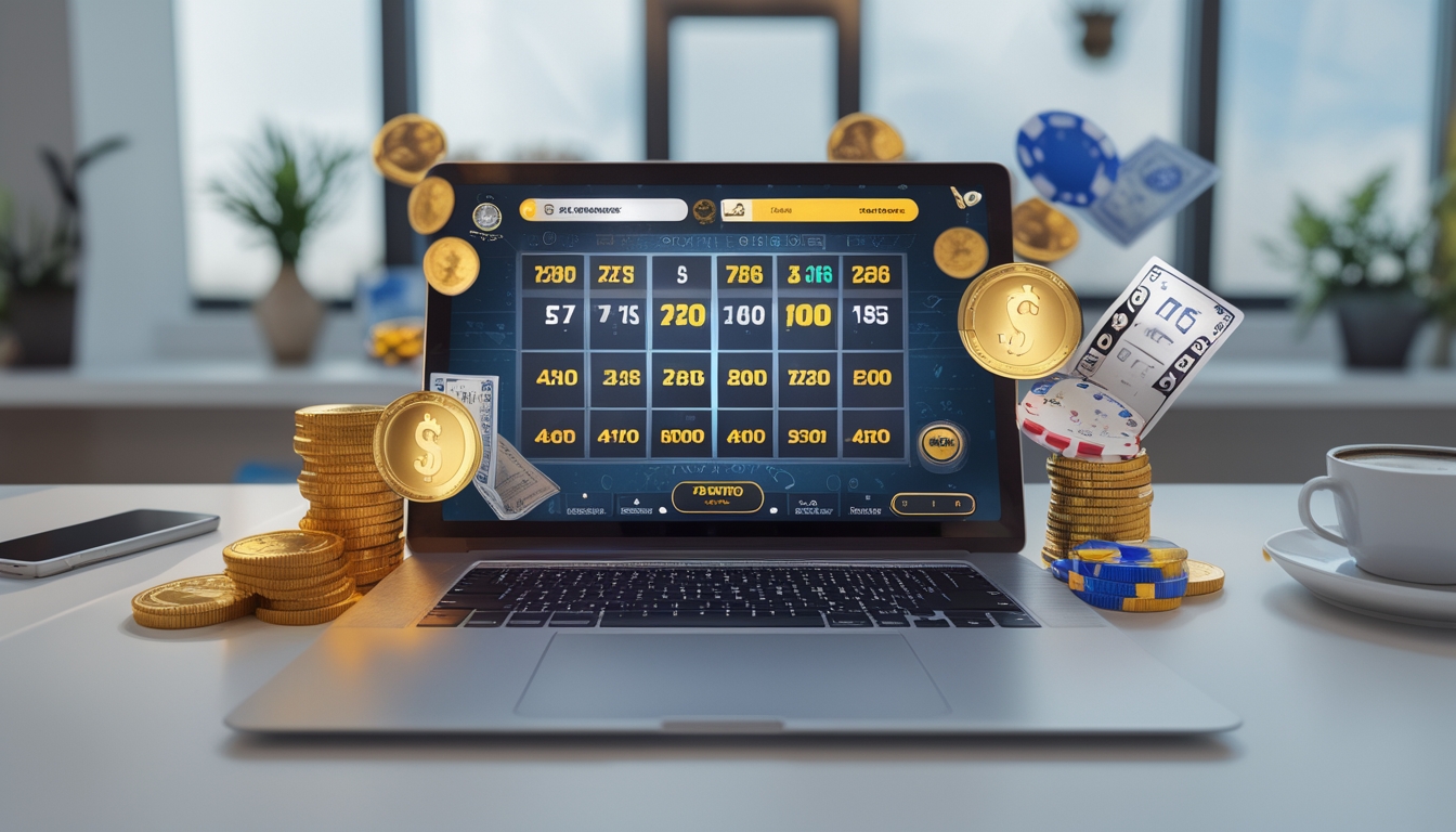 Seorang pengguna sedang melihat situs togel online di laptop dengan koin emas dan chip poker di meja.