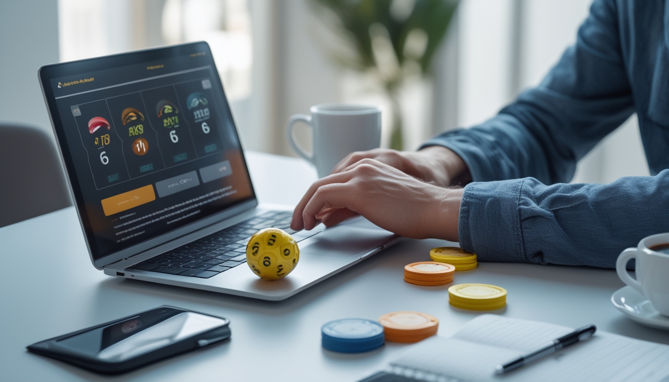 Seorang menggunakan laptop dengan tampilan situs togel online, terdapat bola togel bernomor dan chip taruhan di meja kerja yang rapi.