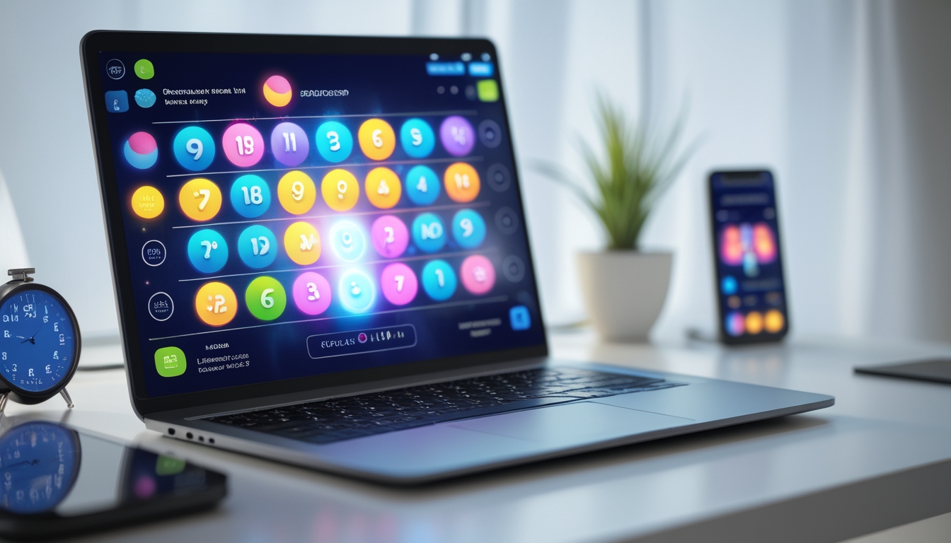 Sebuah ruang kerja digital modern dengan laptop yang menampilkan antarmuka permainan togel online, dikelilingi oleh elemen yang menunjukkan akses 24 jam.
