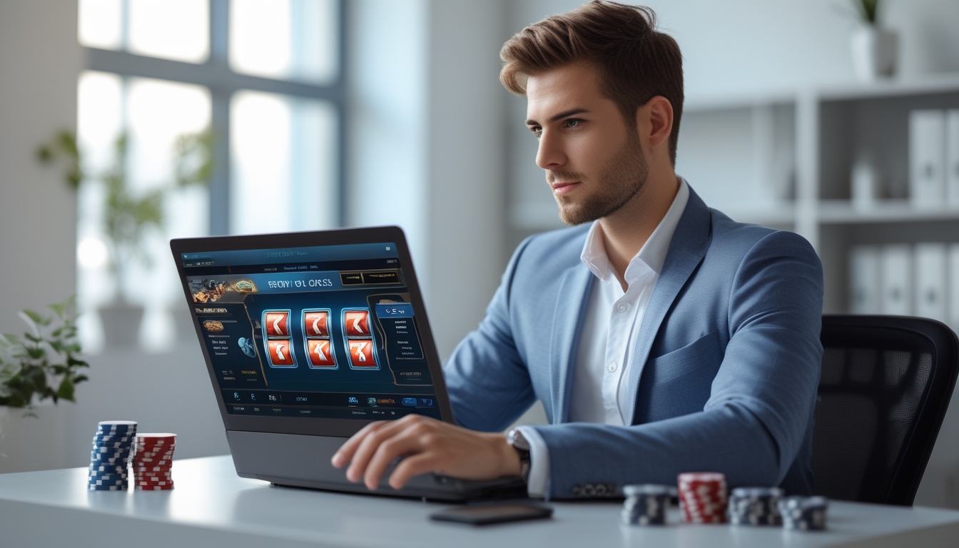 Seseorang duduk di meja dengan laptop yang menampilkan permainan slot online, terlihat fokus dan serius dalam suasana kantor yang rapi.