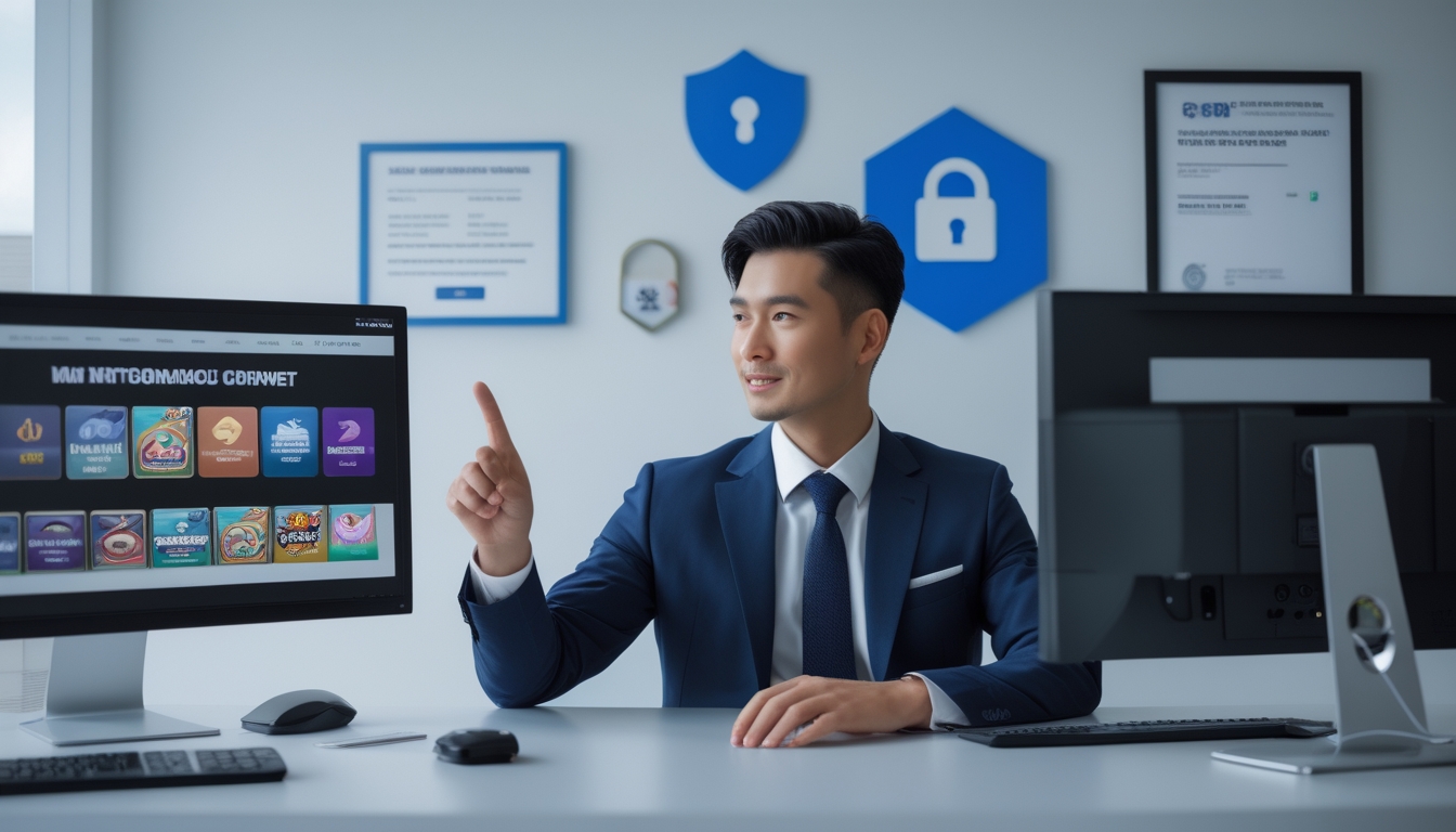 Seorang pria Asia Tenggara duduk di meja kantor modern dengan beberapa layar komputer menampilkan permainan slot online dan ikon keamanan.