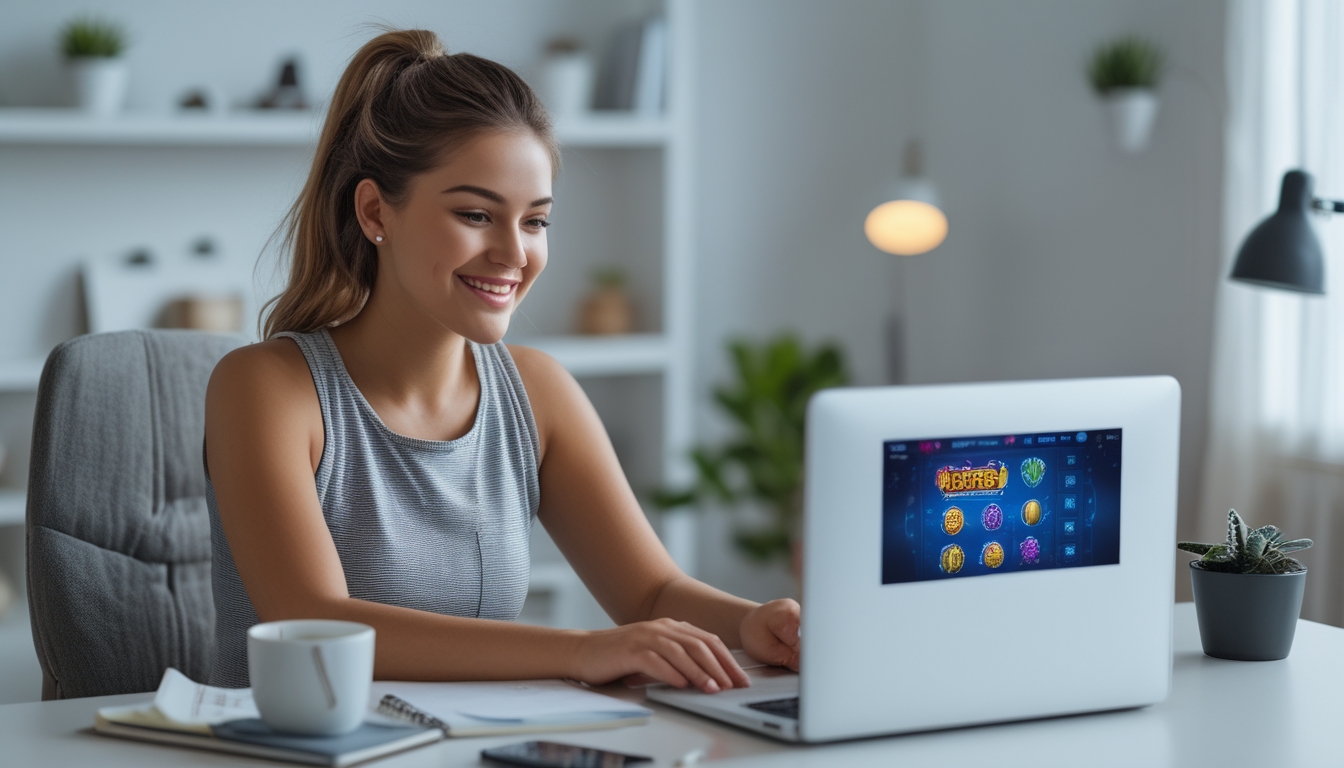 Seorang wanita muda duduk di meja modern bermain permainan slot online di laptop dengan ekspresi fokus dan senang.