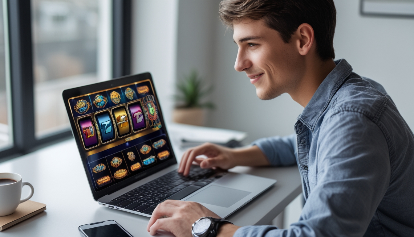 Seorang muda sedang bermain permainan slot online di laptop di meja kerja dengan suasana nyaman dan rapi.