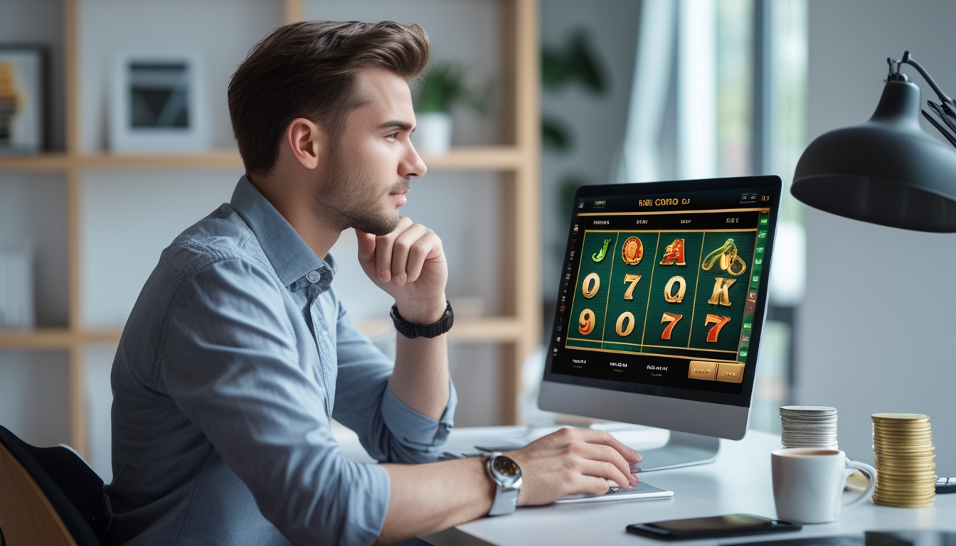 Seorang pria muda duduk di meja dengan laptop, fokus bermain permainan slot online dengan alat tulis dan koin di meja.