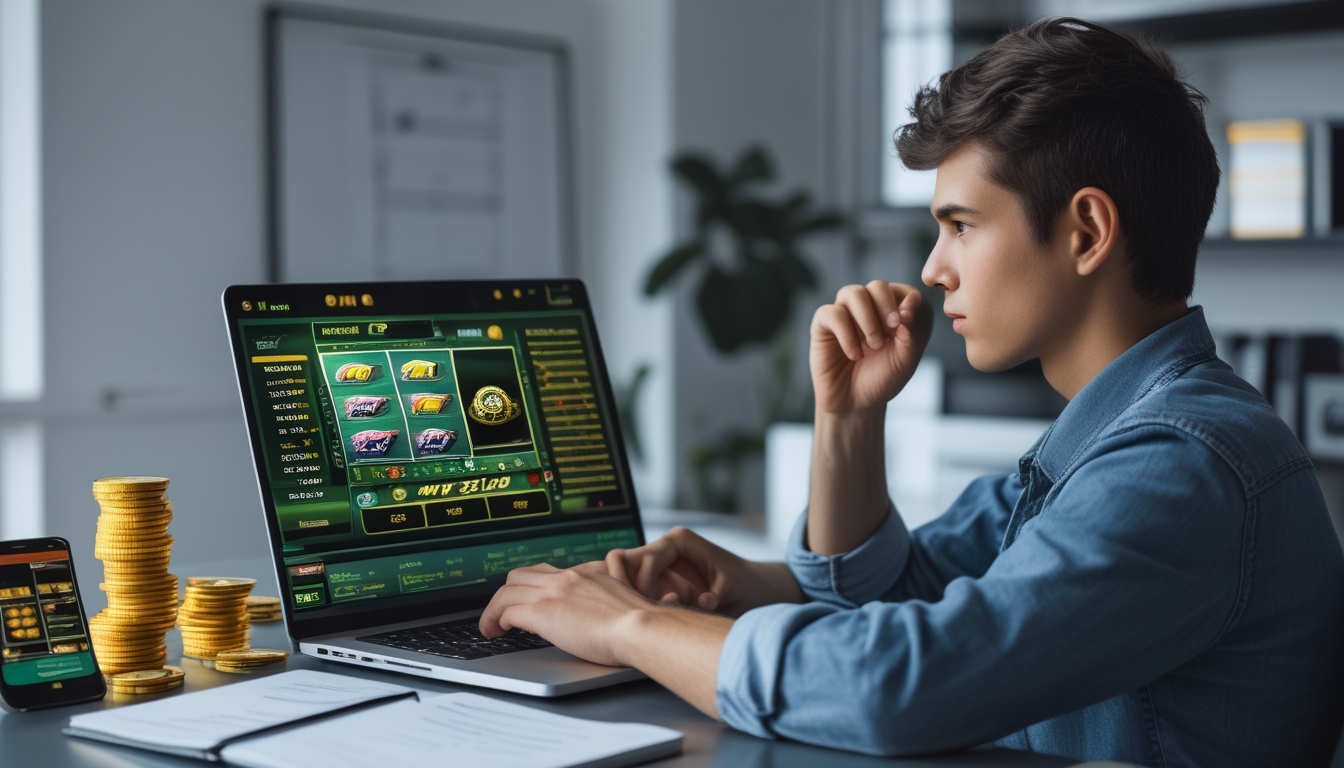 Seorang dewasa muda duduk di meja dengan laptop yang menampilkan permainan slot online, dikelilingi oleh tumpukan koin kecil dan catatan strategi.