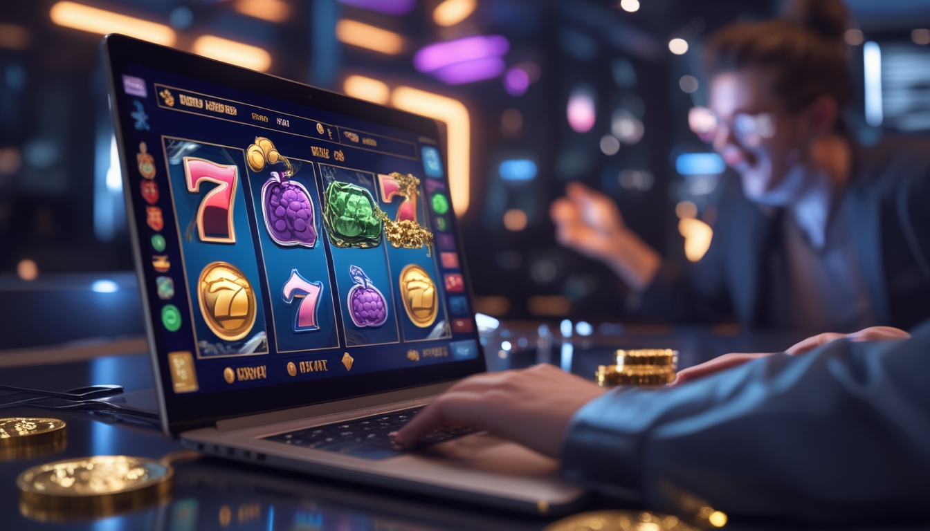 Seseorang bermain permainan slot online di komputer dengan latar ruangan modern dan pencahayaan hangat.