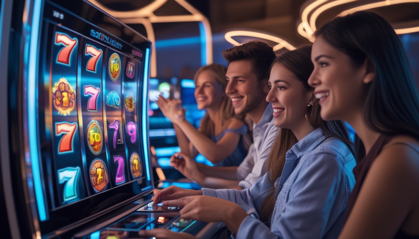 Beberapa orang muda sedang bermain permainan slot online dengan perangkat digital di ruang yang modern dan terang.