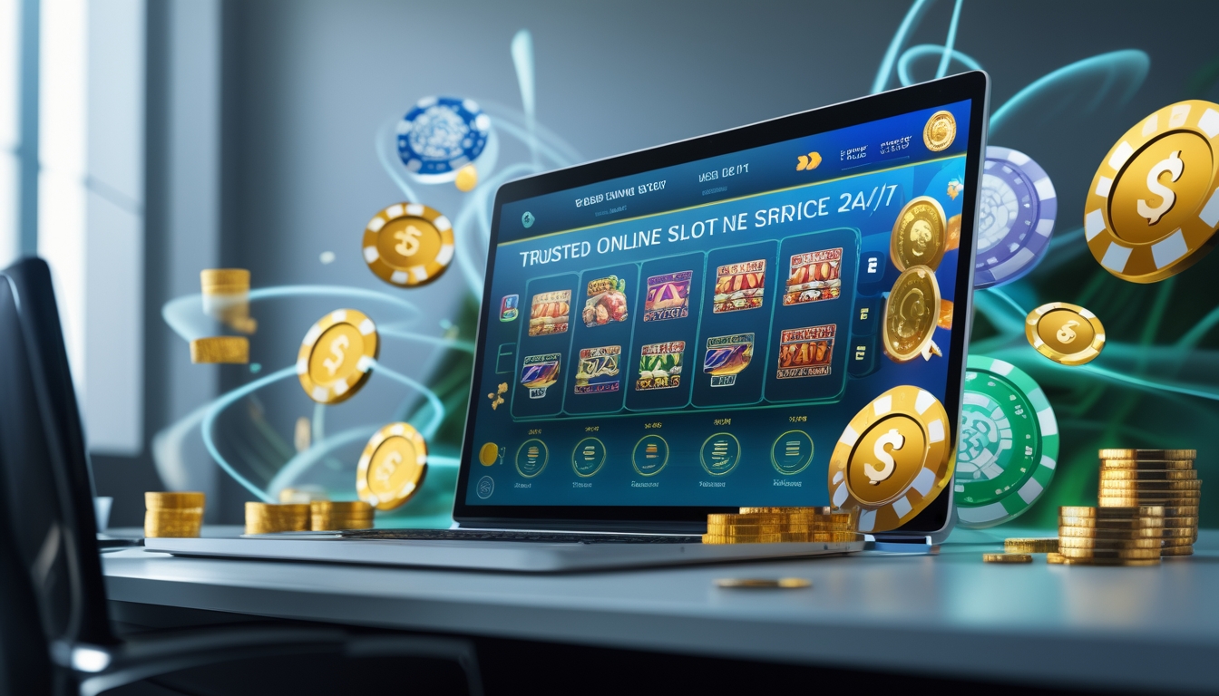 Sebuah meja kerja modern dengan komputer yang menampilkan permainan slot online, dikelilingi oleh ikon kasino seperti gulungan slot dan chip poker.