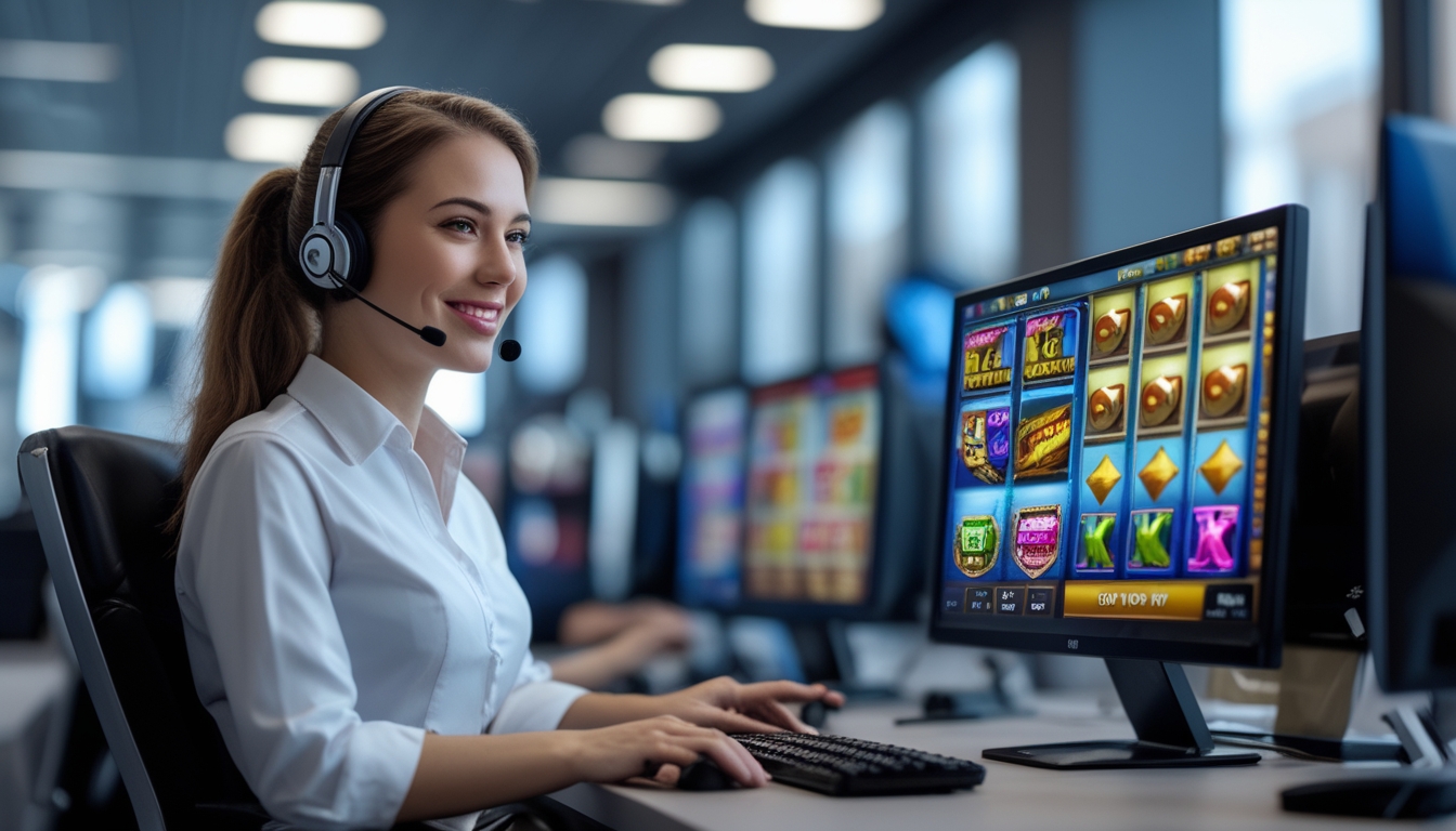 Seorang perwakilan layanan pelanggan tersenyum di kantor modern dengan layar komputer menampilkan permainan slot online di latar belakang.