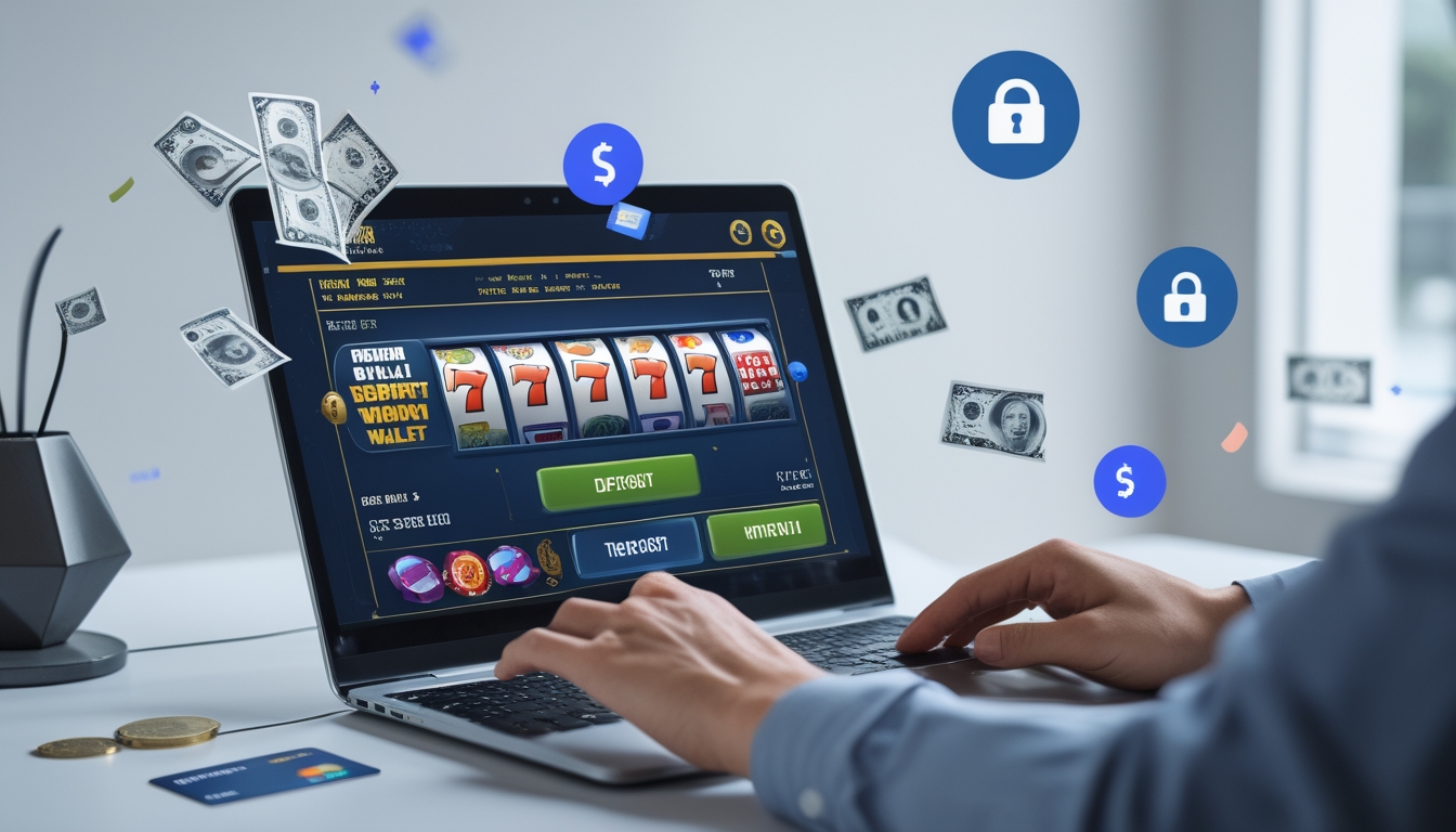 Seorang pengguna sedang menggunakan laptop dengan tampilan permainan slot online dan simbol transaksi keuangan di sekitarnya.