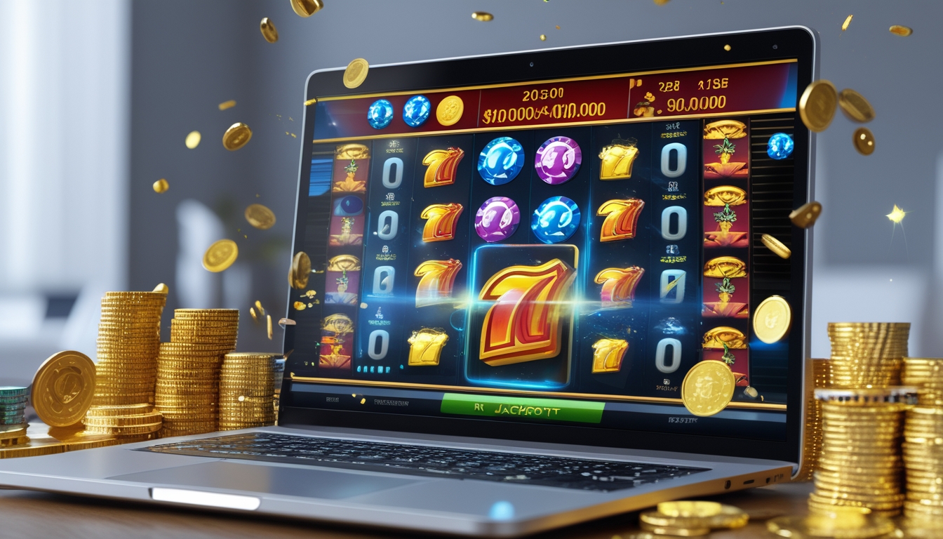 Seseorang menggunakan komputer dengan layar menampilkan permainan slot online dan tumpukan koin emas di sekitarnya.