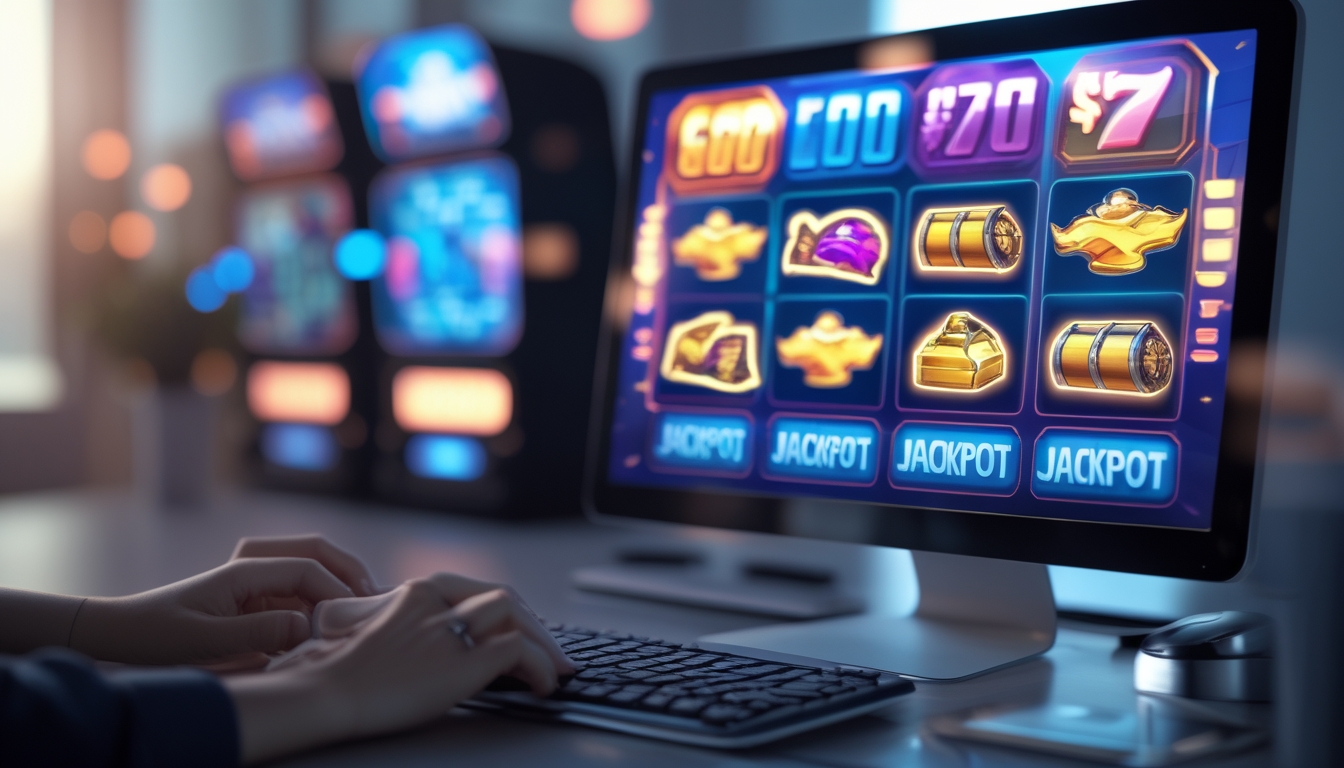 Tampilan layar komputer dengan mesin slot online dan simbol jackpot yang berwarna-warni, di sebuah meja kerja modern dengan tangan seseorang sedang menggunakan keyboard dan mouse.