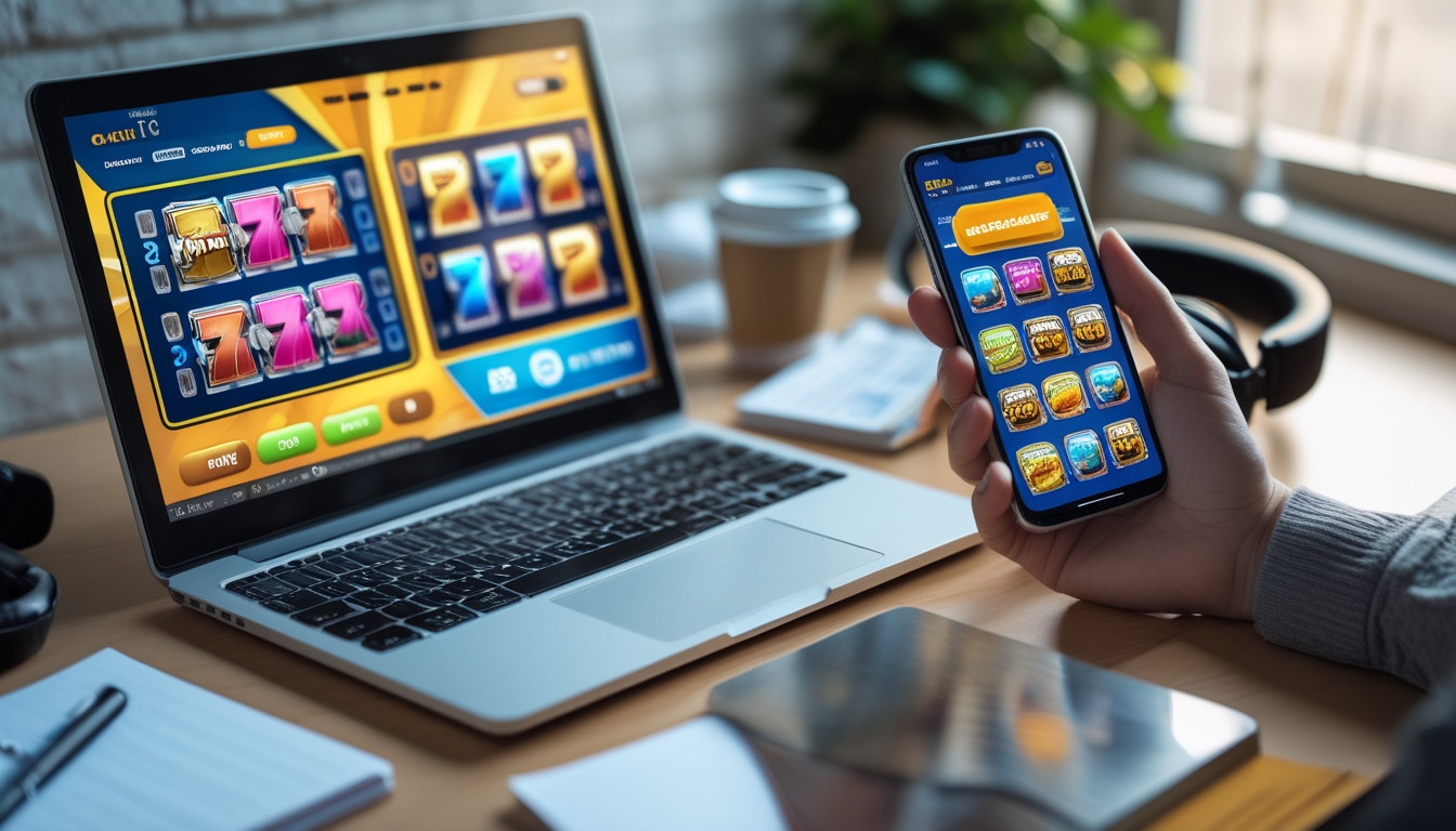 Seseorang menggunakan laptop dan ponsel untuk bermain permainan slot online di meja kerja yang terang dan nyaman.