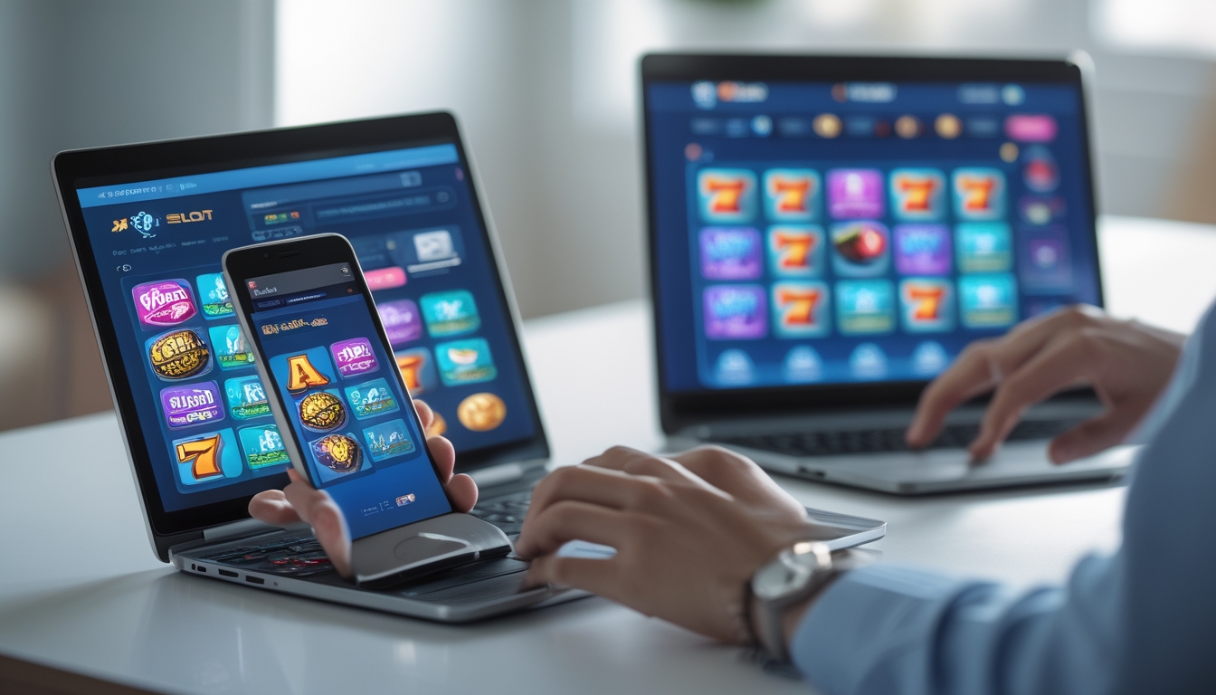 Seseorang menggunakan smartphone dan laptop secara bersamaan untuk bermain permainan slot online di sebuah meja kerja yang rapi.
