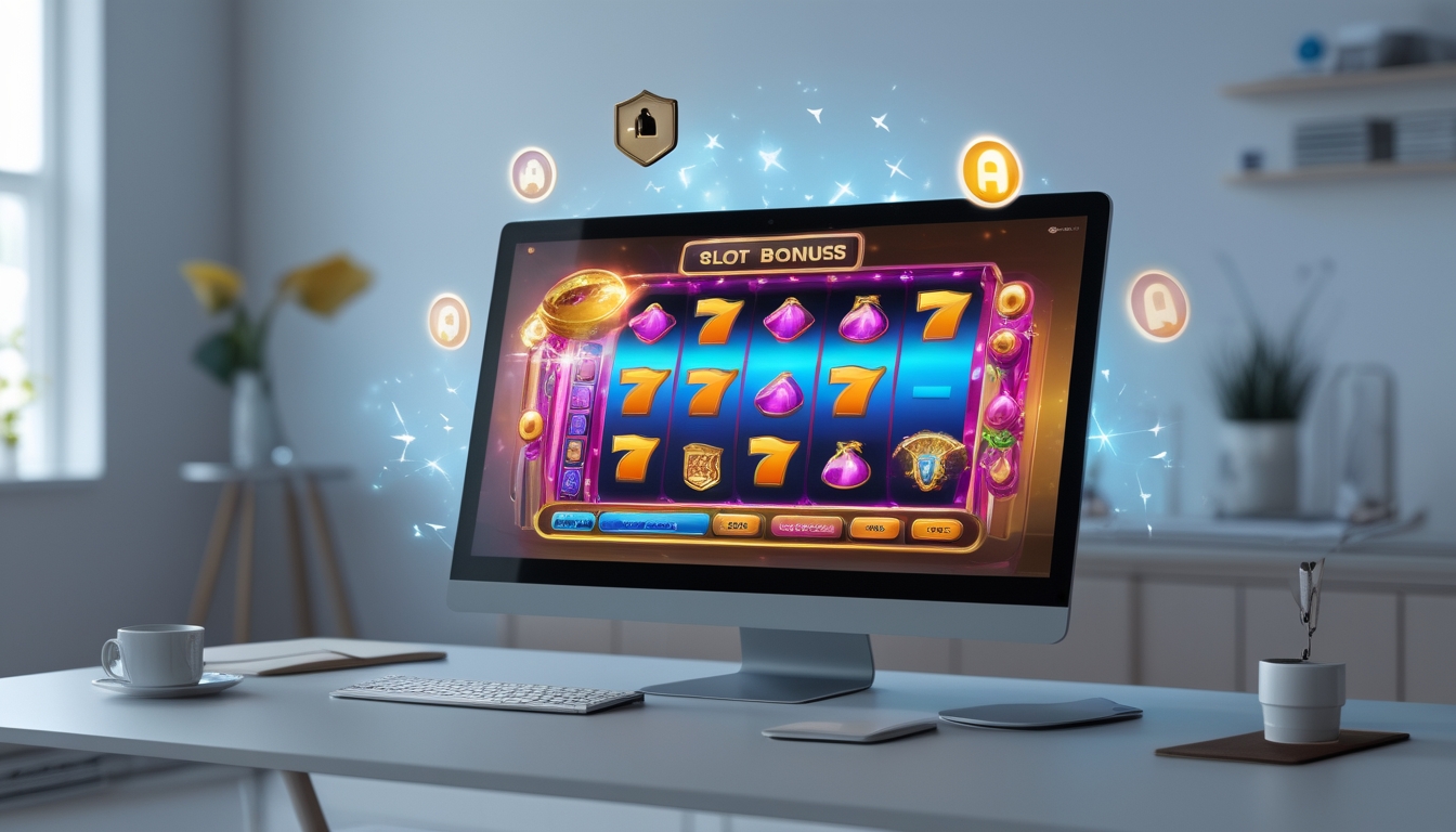 Seorang pengguna sedang bermain permainan slot online di laptop di meja kerja yang rapi dengan suasana profesional.