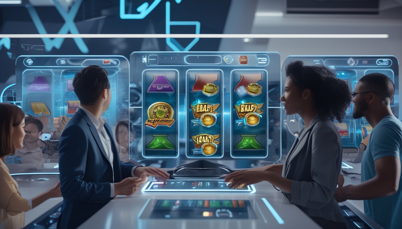 Orang-orang menggunakan layar digital dengan grafik mesin slot warna-warni dalam lingkungan teknologi modern yang menampilkan simbol keamanan dan kepercayaan.
