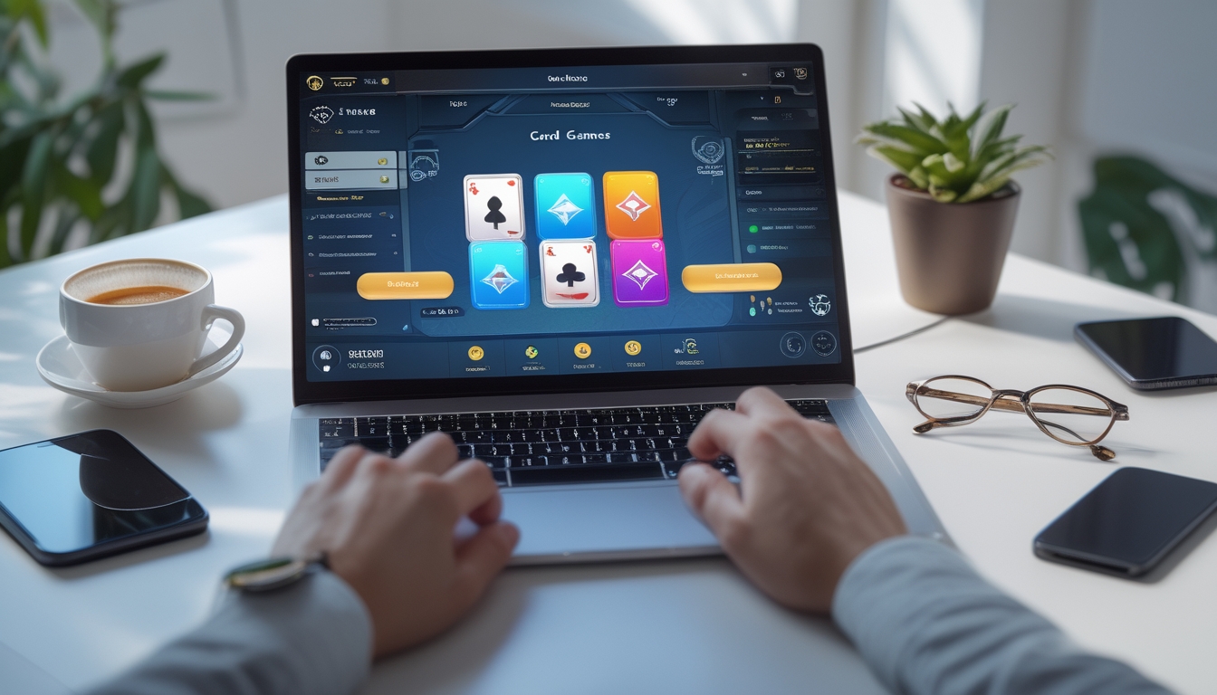 Seorang pengguna sedang bermain permainan kartu online di laptop di meja kerja yang rapi dengan suasana terang dan elemen keamanan di latar belakang.