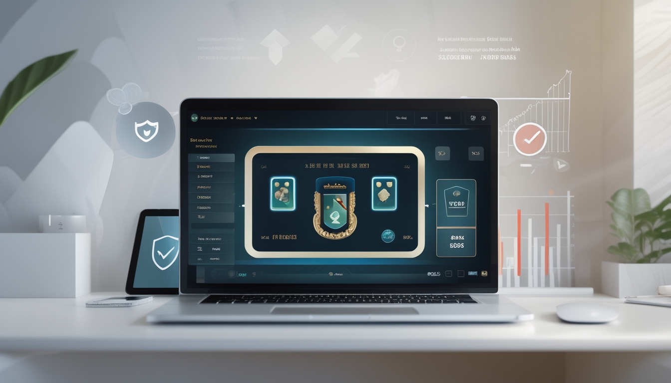 Seorang pria menggunakan laptop dengan tampilan permainan kartu digital di meja kerja modern.