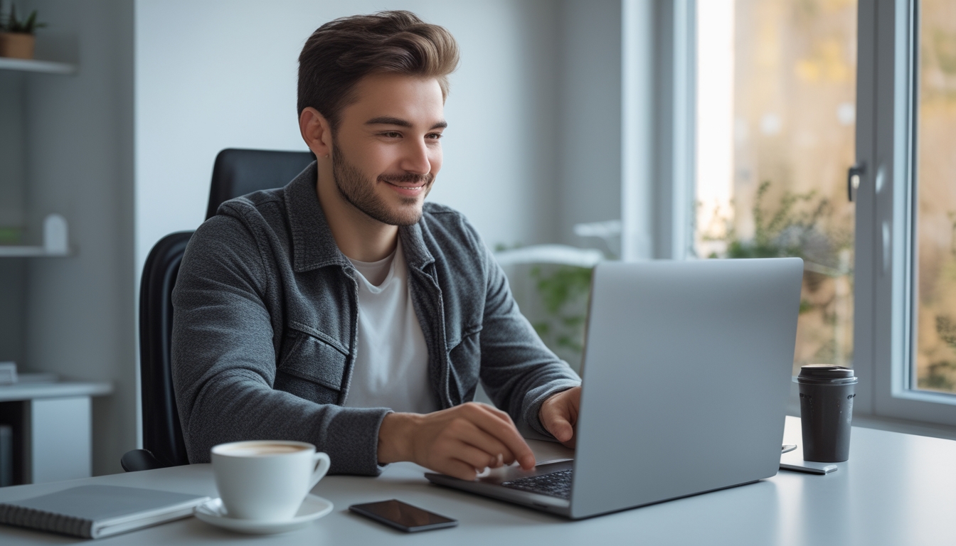 Seorang pria muda duduk di meja dengan laptop, bermain permainan kartu online di ruangan yang terang dan nyaman.