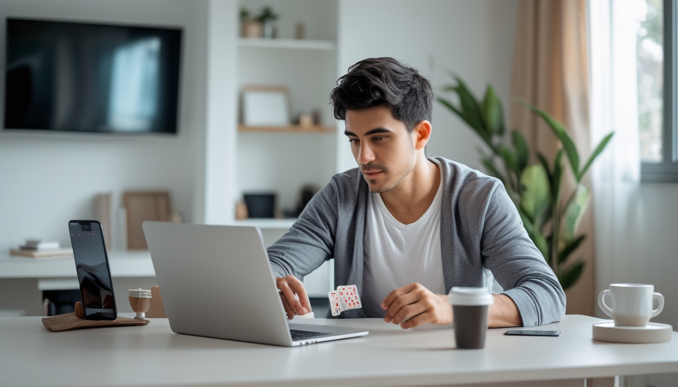 Seorang pria muda duduk di meja dengan laptop, fokus bermain permainan kartu online di ruangan yang rapi dan terang.