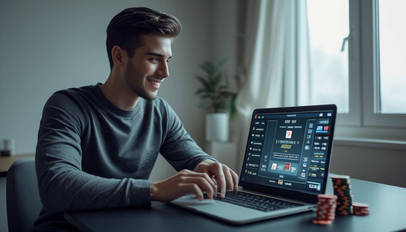 Seorang pria muda duduk di meja dengan laptop dan chip poker, fokus bermain permainan kartu online di ruangan yang terang.