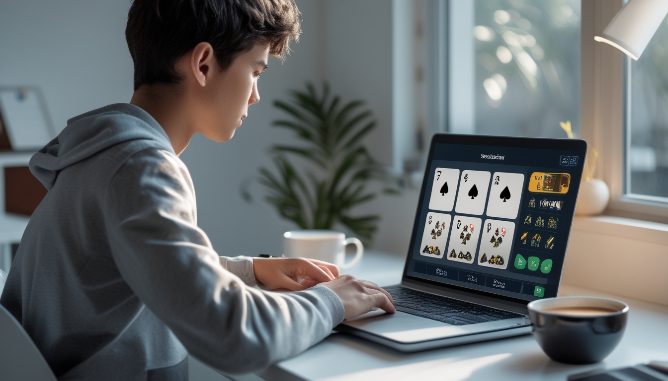 Seorang dewasa muda sedang bermain permainan kartu online di laptop di ruang tamu yang nyaman.