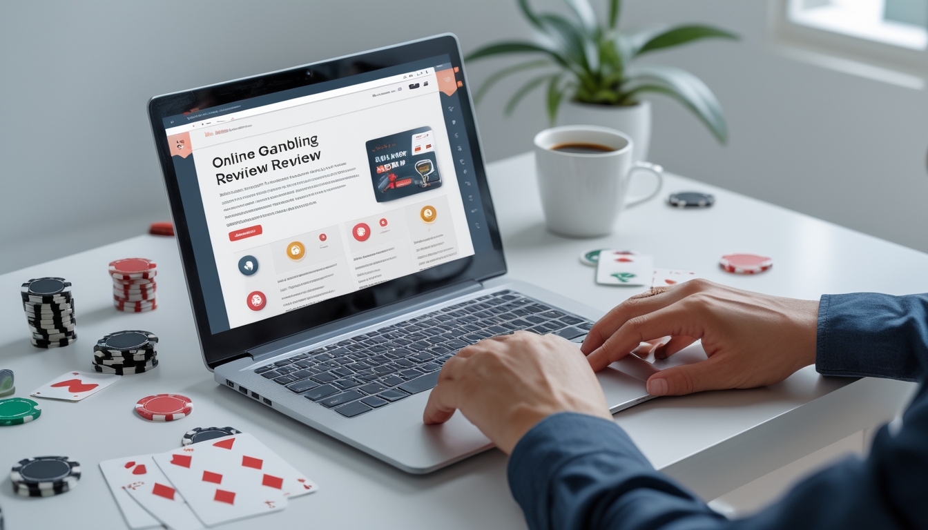 Sebuah meja kerja modern dengan laptop yang menampilkan antarmuka situs judi online, kartu remi dan chip poker di sekitar, tangan seseorang sedang menggunakan laptop.