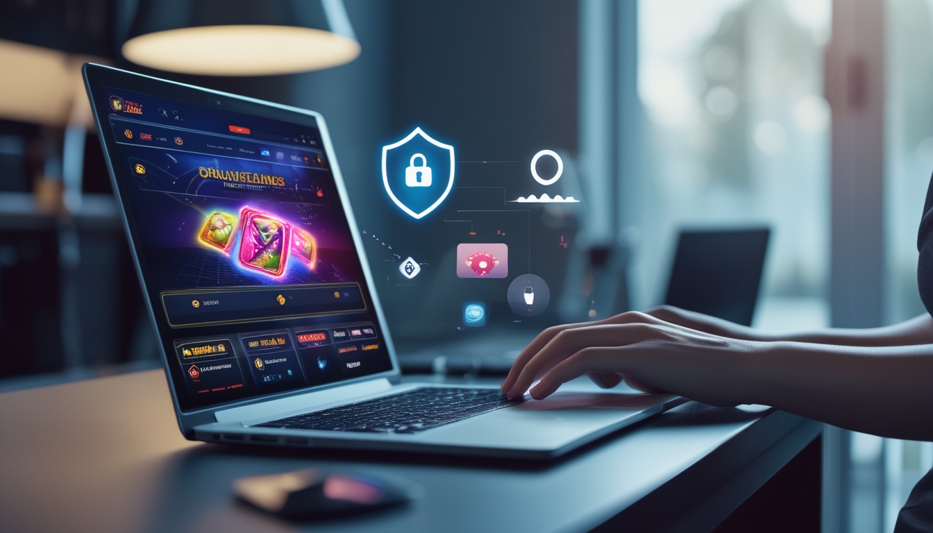 Seseorang sedang menggunakan laptop dengan tampilan permainan Ceme online di meja kerja yang rapi dan terang.