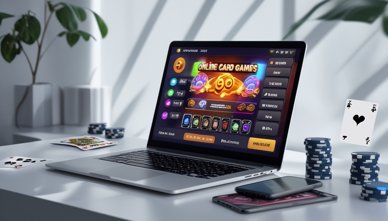 Sebuah meja kerja modern dengan laptop yang menampilkan permainan kartu online, dikelilingi oleh chip poker dan kartu remi.