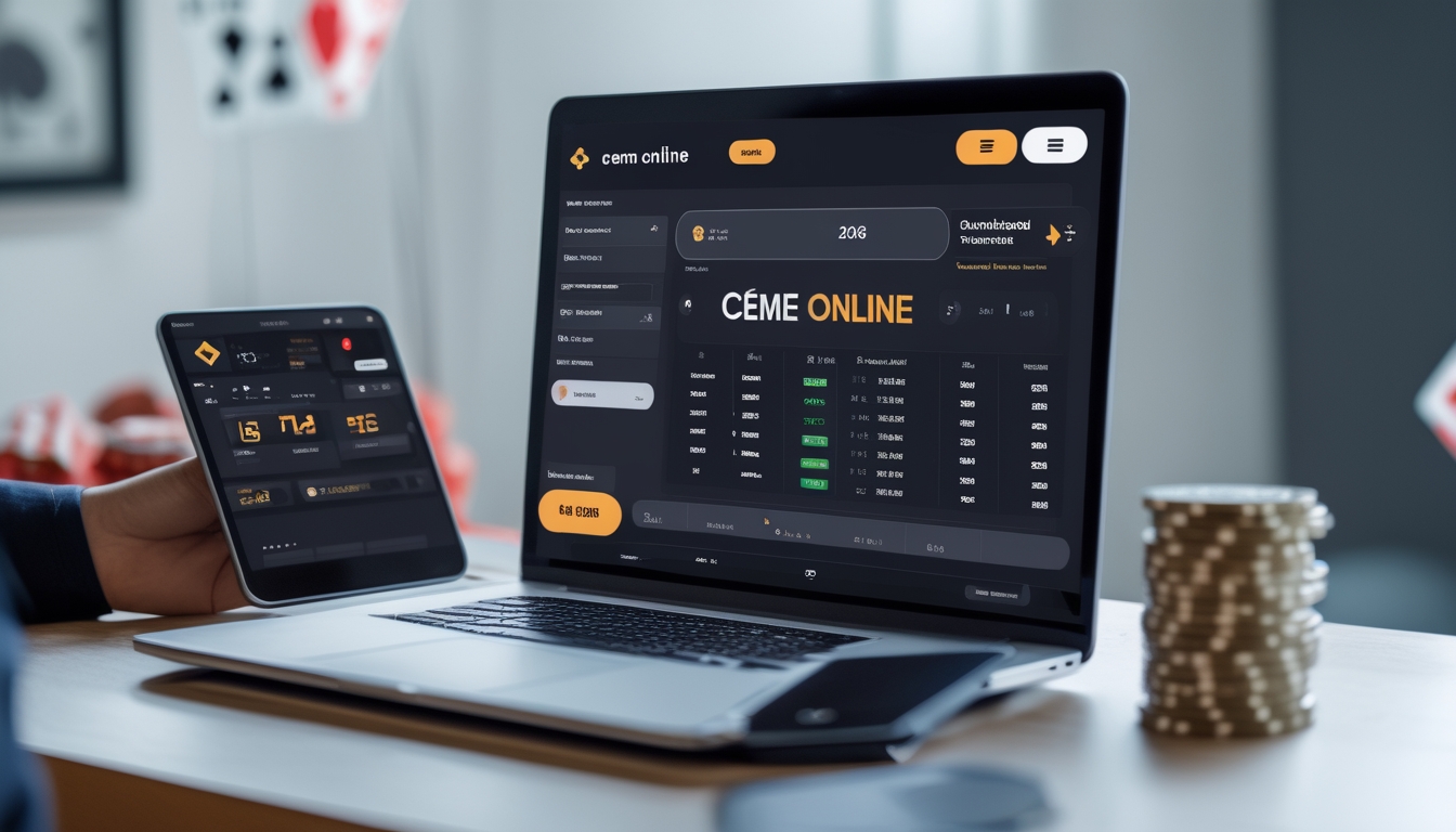 Seseorang menggunakan laptop dan ponsel di meja kerja dengan tampilan antarmuka permainan online dan elemen kasino di latar belakang.