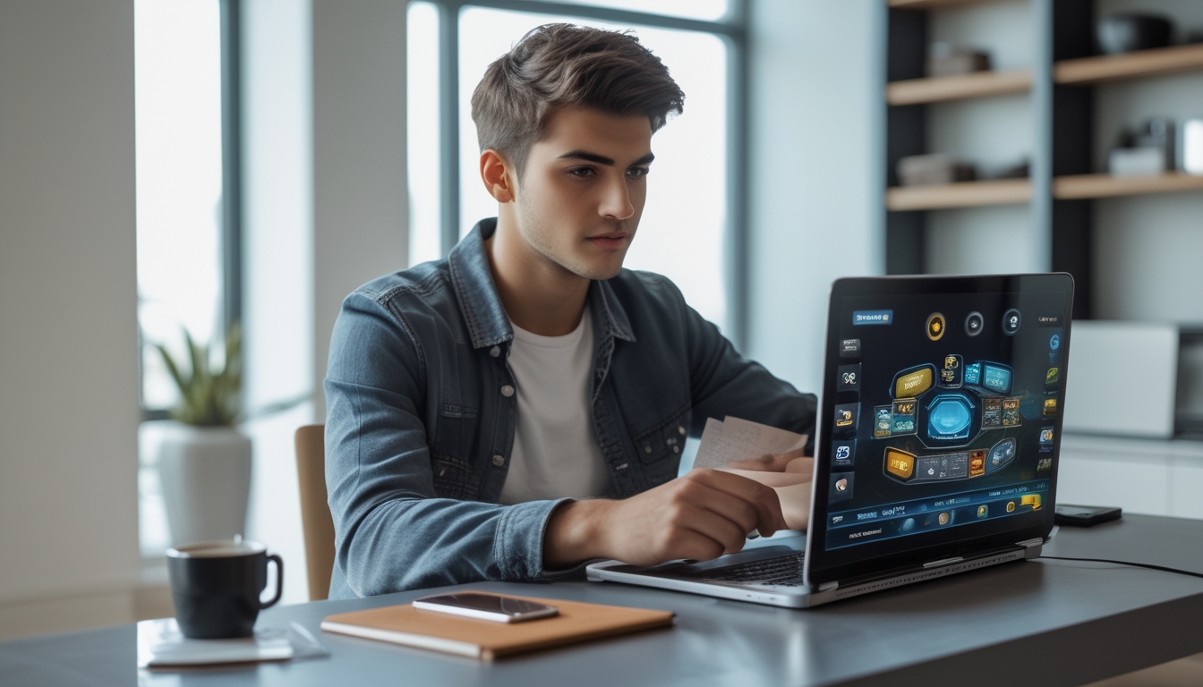 Seorang pria muda duduk di meja modern sambil bermain permainan kartu online di laptop dengan ekspresi fokus.