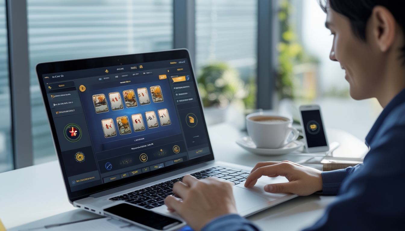 Seseorang menggunakan laptop untuk bermain permainan kartu online di meja kerja yang rapi dengan cahaya alami.