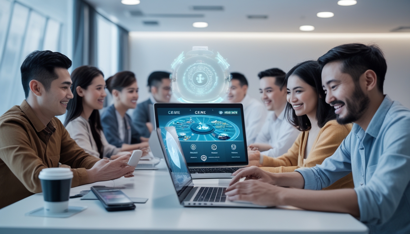 Beberapa orang sedang bermain permainan Ceme online menggunakan laptop dan ponsel di meja modern dengan suasana cerah dan nyaman.