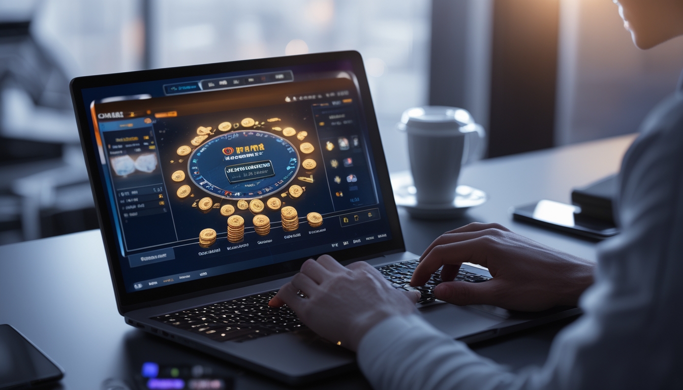 Seorang pengguna bermain permainan kartu online di laptop di meja kerja yang rapi dengan suasana fokus dan nyaman.