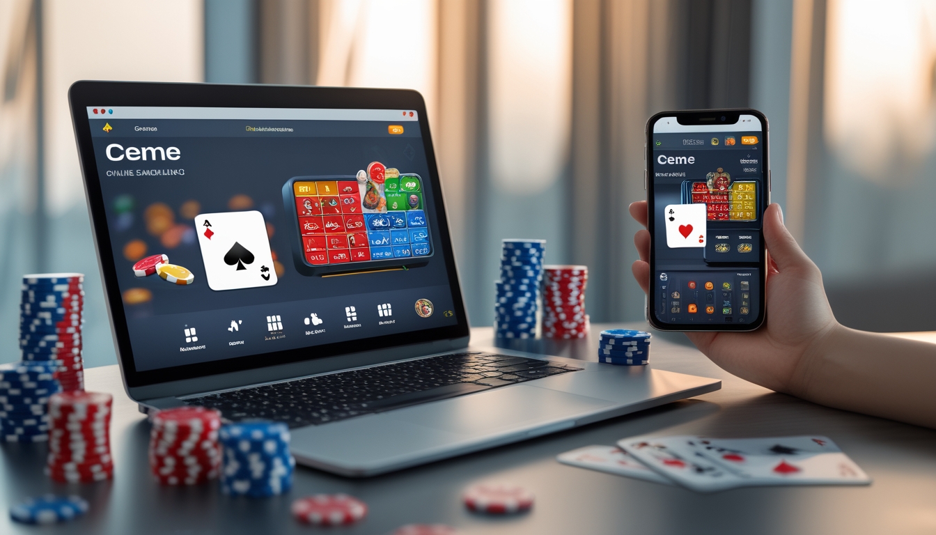 Seorang pemain sedang menggunakan laptop dan smartphone untuk bermain permainan kartu Ceme online di meja dengan chip poker dan kartu bermain.