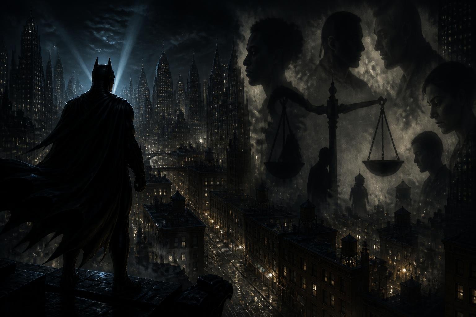A shadowy figure resembling Batman stands on a rooftop overlooking a dark city at night, with shadows around him forming abstract shapes representing bias.