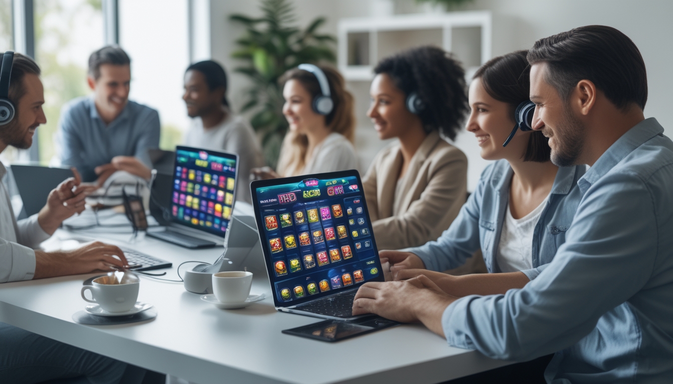 Beberapa orang menggunakan perangkat digital untuk bermain permainan slot online di lingkungan yang nyaman dan modern.