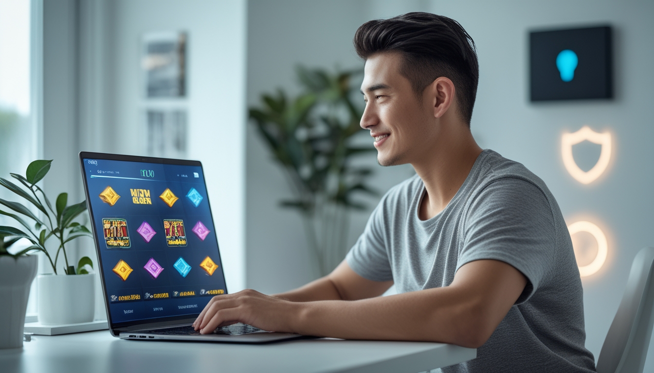 Seorang pria muda duduk di meja dengan laptop yang menampilkan permainan slot online, di ruang kerja rumah yang terang dan rapi.