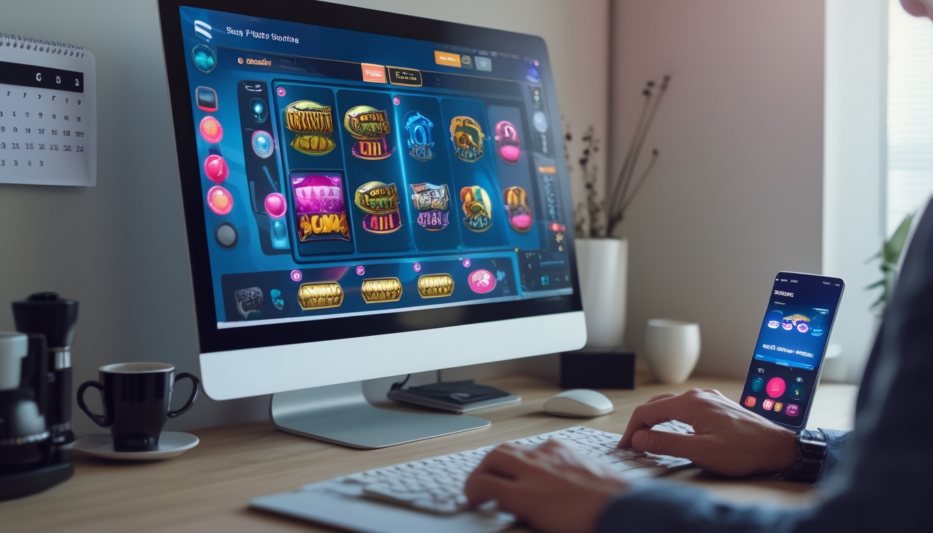 Meja kerja dengan komputer menampilkan permainan slot online, tangan seseorang menggunakan mouse dan keyboard, serta ponsel dengan aplikasi kasino, suasana profesional dan fokus.