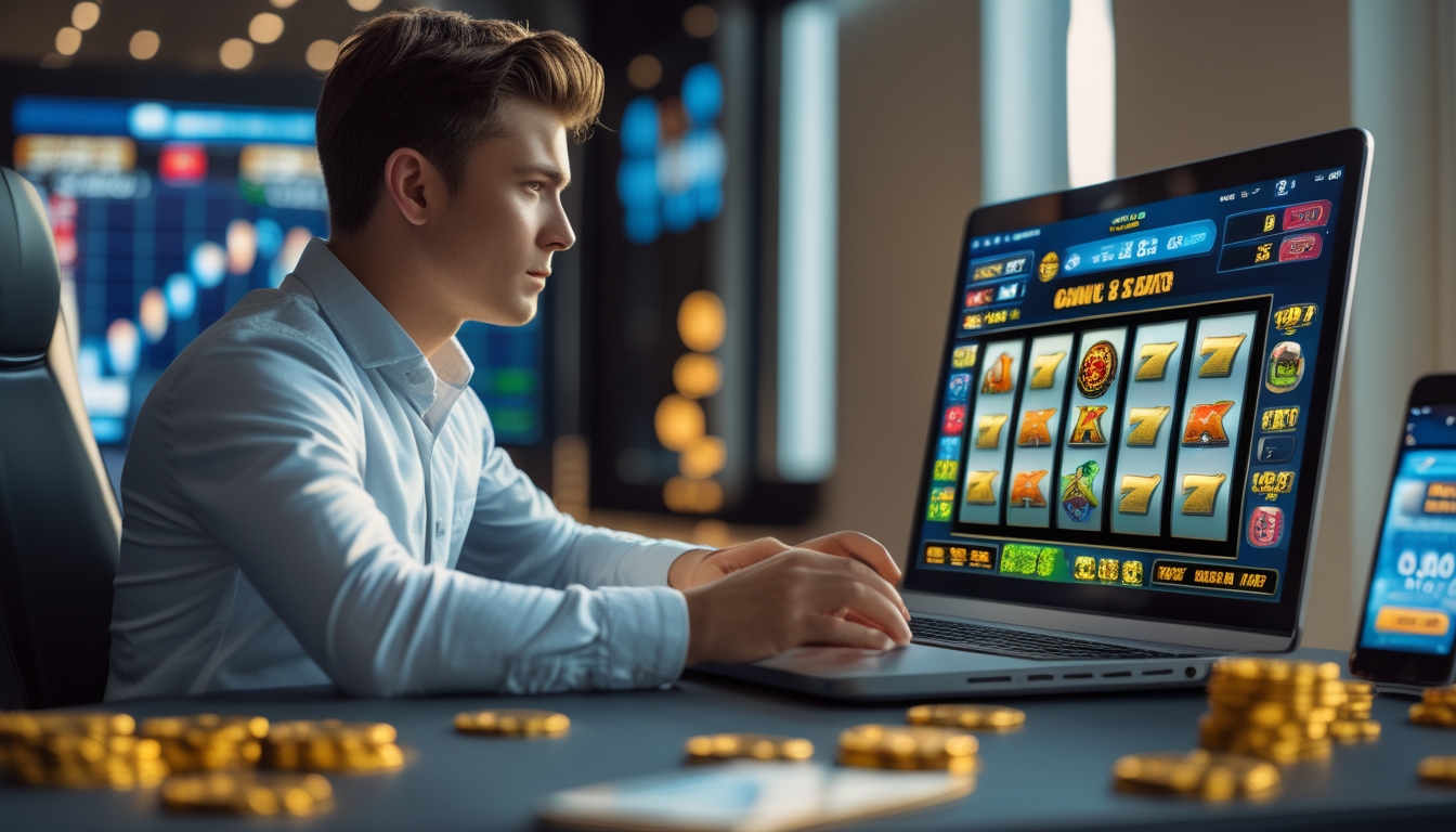 Seorang pria muda duduk di depan laptop dengan tampilan permainan slot online di layar, fokus dan serius dalam suasana ruangan modern.