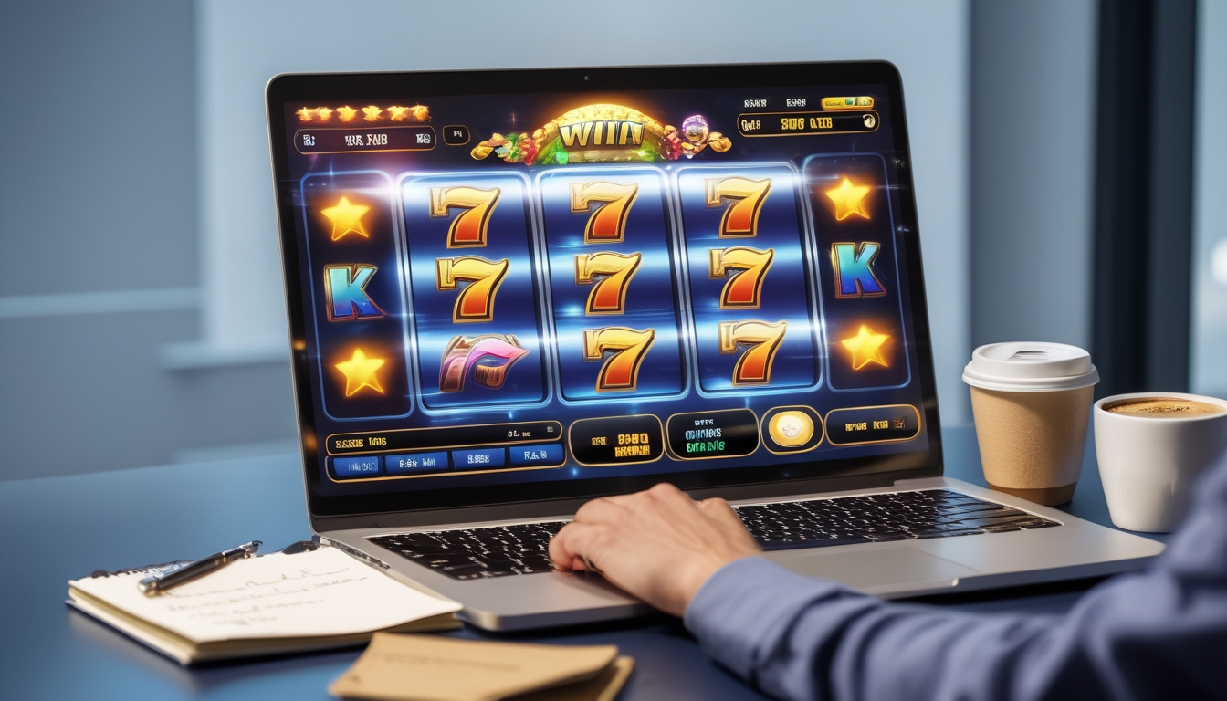 Seorang pemain sedang menggunakan komputer dengan tampilan permainan slot online yang penuh warna di layar, di meja terdapat buku catatan, pena, dan secangkir kopi di ruang kerja yang terang.
